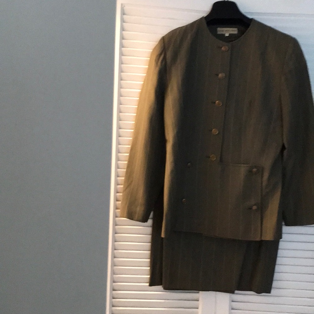 2 piece designer suit dark green :beige stripes